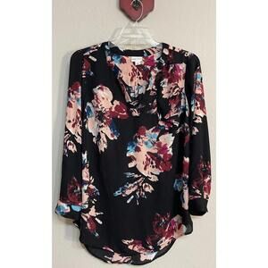 Ava Viv Womens Plus X Black Floral Tunic Long-Sleeved Vneck Pocket Blouse! A1678